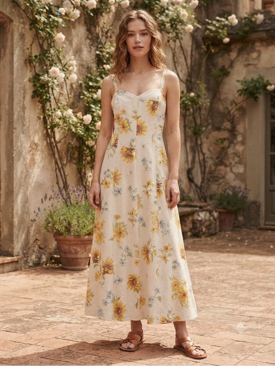 Old Navy Dresses & Skirts - Old Navy Cream Summer Dress with Sunflower Floral Design Linen Blend Cottagecore